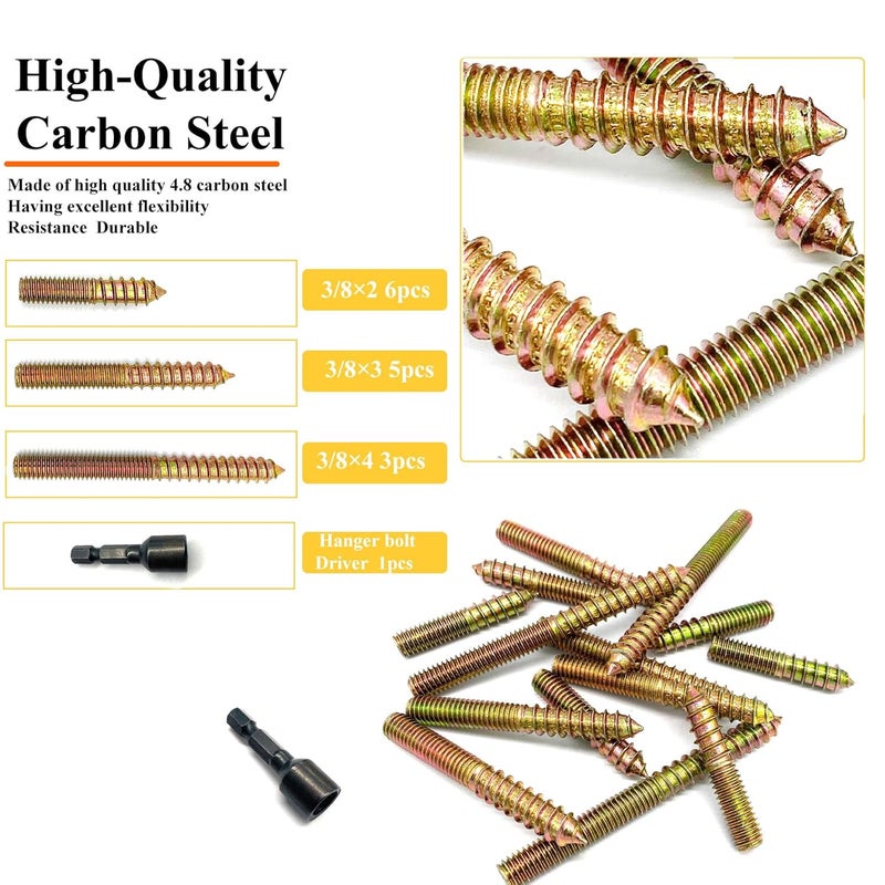 Matrelt 15Pack 3/8-16" Hanger Bolts 3Sizes 2-4 Inch Include1 pcs Hanger Bolt Driver Double Headed Bolts Wood Dowel Screw Self-Tapping Screw for Furniture Screws Wood Screws Double Threaded Rods - Image 3